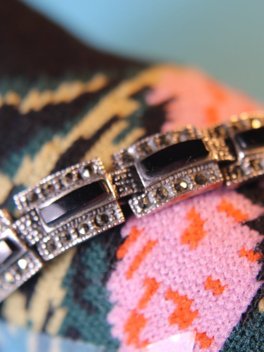 Vintage Bracelet 7" Onxy Marcasite 925 Sterling Silver Art Deco Black